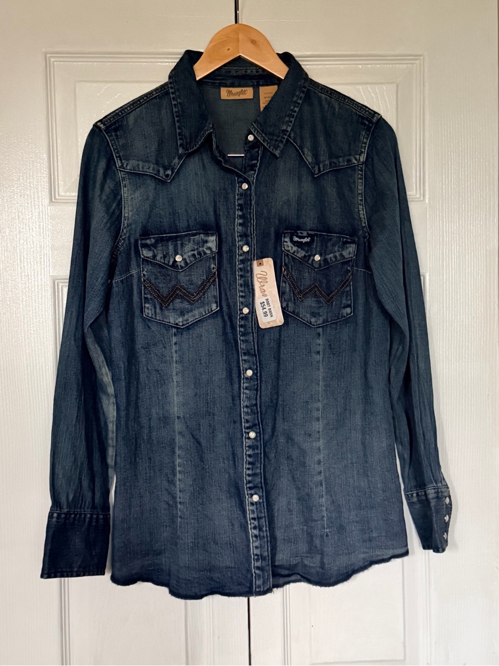 Wrangler Western Denim Shirt Pearl Buttons Sz Medium